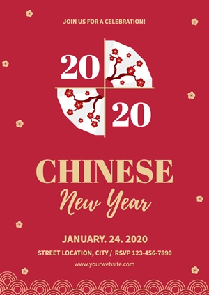 Red Plum Fan Chinese New Year Poster Design